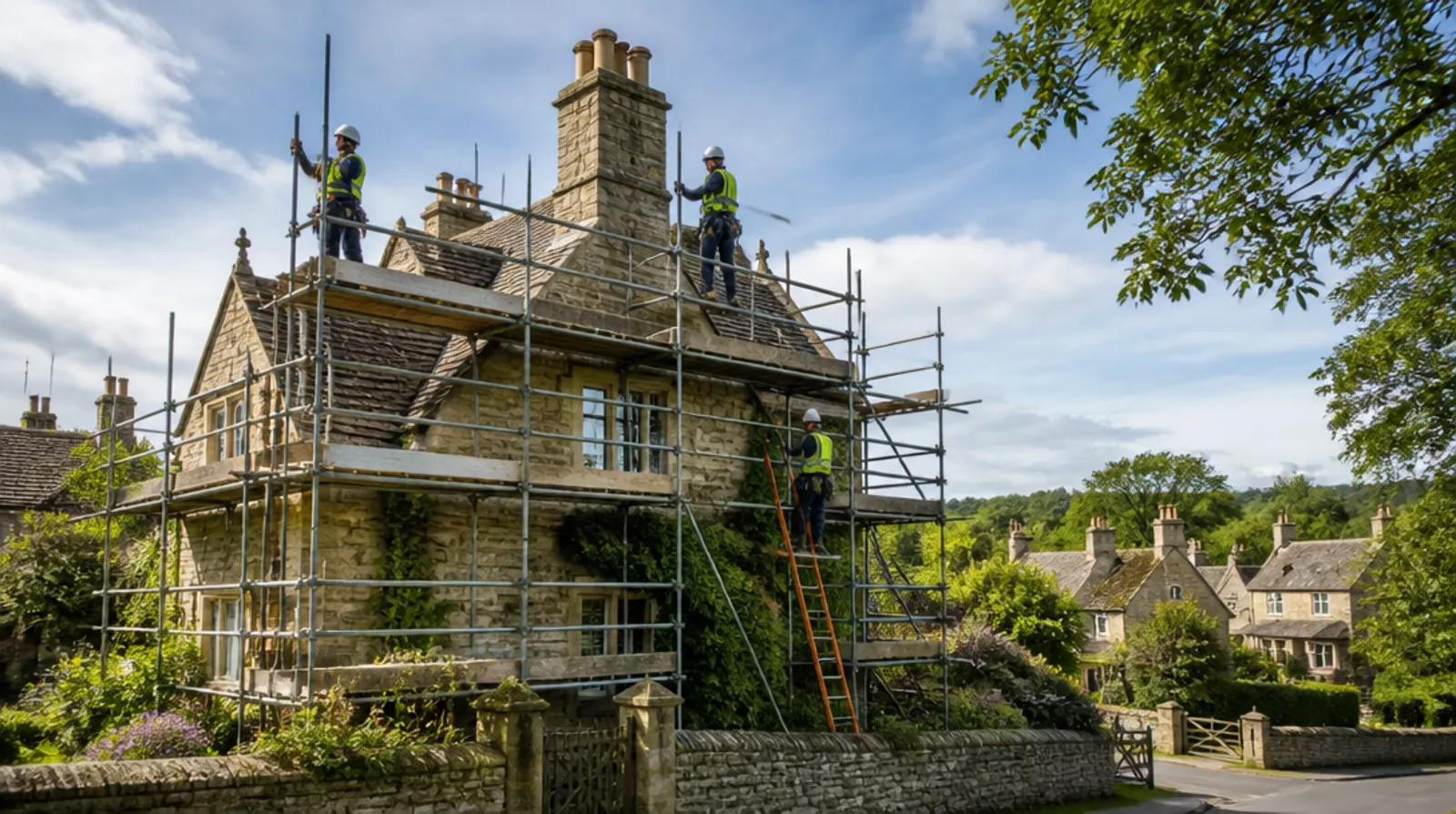 Scaffolding erected for property repairs in a surrounding village of Peterborough